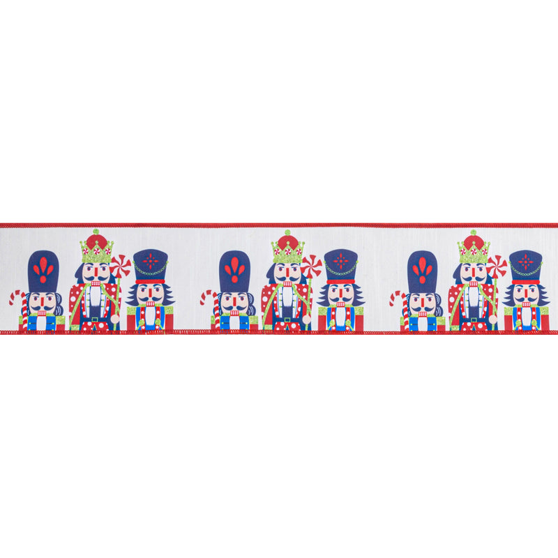 4" Wired Reversible Dupioni Ribbon | Printed Nutcracker with Red Backing | 10 Yard Roll