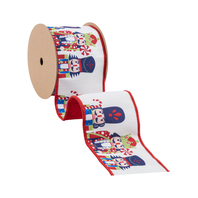 4" Wired Reversible Dupioni Ribbon | Printed Nutcracker with Red Backing | 10 Yard Roll