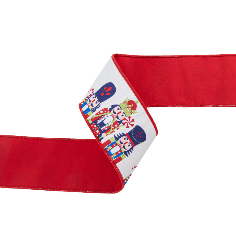 4" Wired Reversible Dupioni Ribbon | Printed Nutcracker with Red Backing | 10 Yard Roll