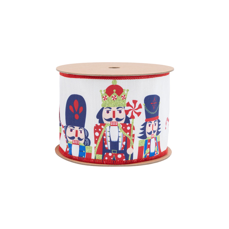 4" Wired Reversible Dupioni Ribbon | Printed Nutcracker with Red Backing | 10 Yard Roll