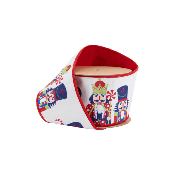 4" Wired Reversible Dupioni Ribbon | Printed Nutcracker with Red Backing | 10 Yard Roll