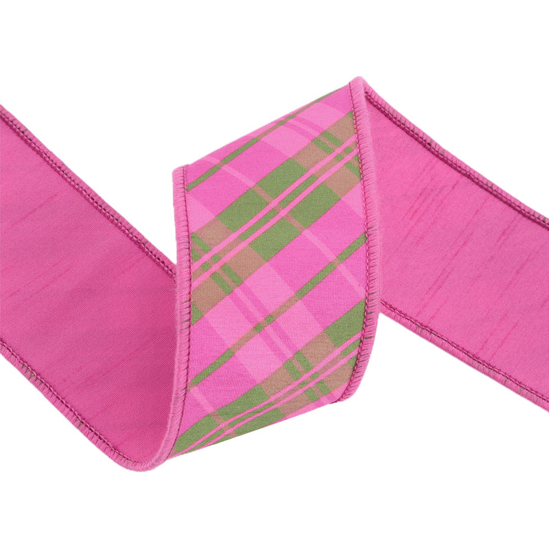 4" Wired Dupioni Ribbon | Bias Plaid Pink/Multi w/ Taffeta Fused Back | 10 Yard Roll