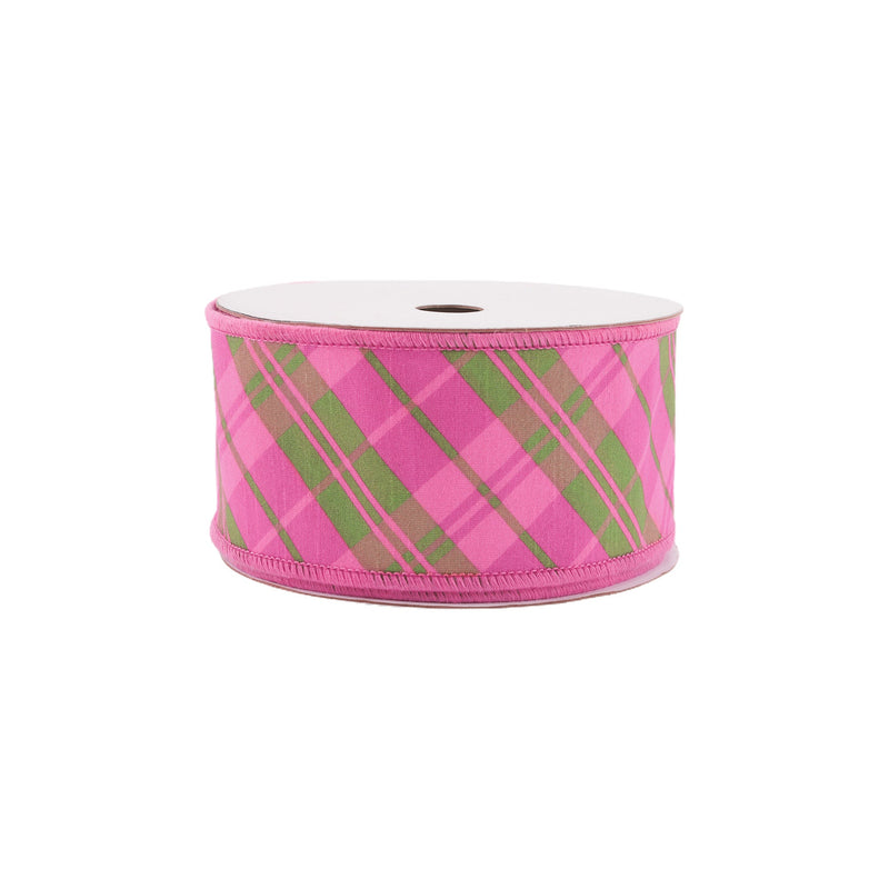 4" Wired Dupioni Ribbon | Bias Plaid Pink/Multi w/ Taffeta Fused Back | 10 Yard Roll