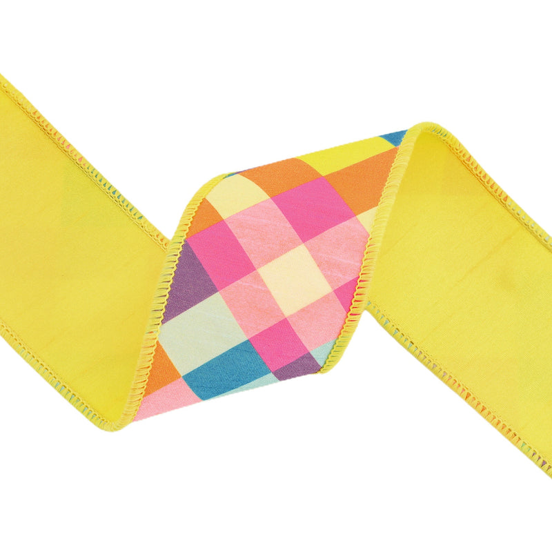 4" Wired Dupioni Ribbon | Bias Plaid Yellow/Multi w/ Taffeta Fused Back | 10 Yard Roll