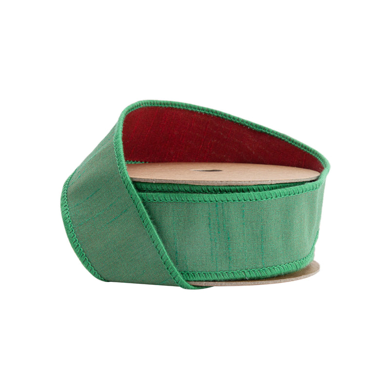 1 1/2" Wired Double-fused Dupioni Ribbon | Red/Green | 10 Yard Roll