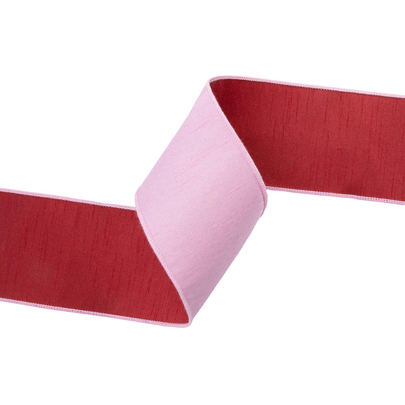 4" Wired Double-fused Dupioni Ribbon | Red/Lt Pink| 10 Yard Roll