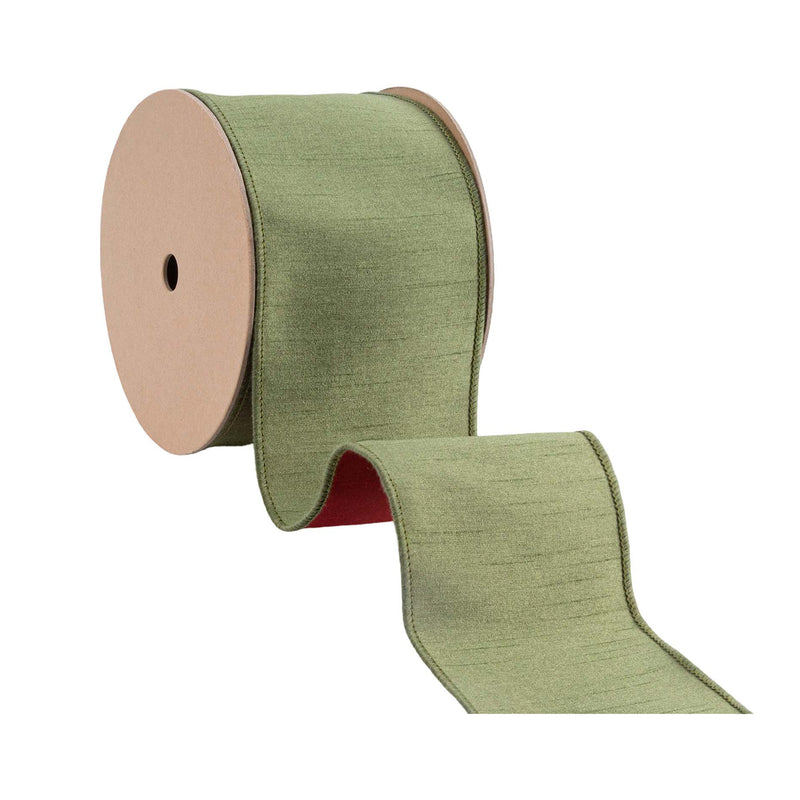 4" Wired Double-fused Dupioni Ribbon | Red/Moss Green | 10 Yard Roll