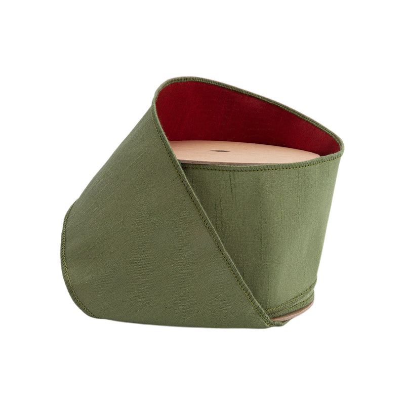 4" Wired Double-fused Dupioni Ribbon | Red/Moss Green | 10 Yard Roll
