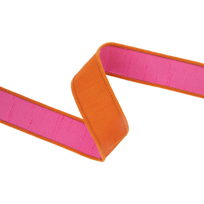 1 1/2" Wired Double-fused Dupioni Ribbon | Orange/Hot Pink | 10 Yard Roll