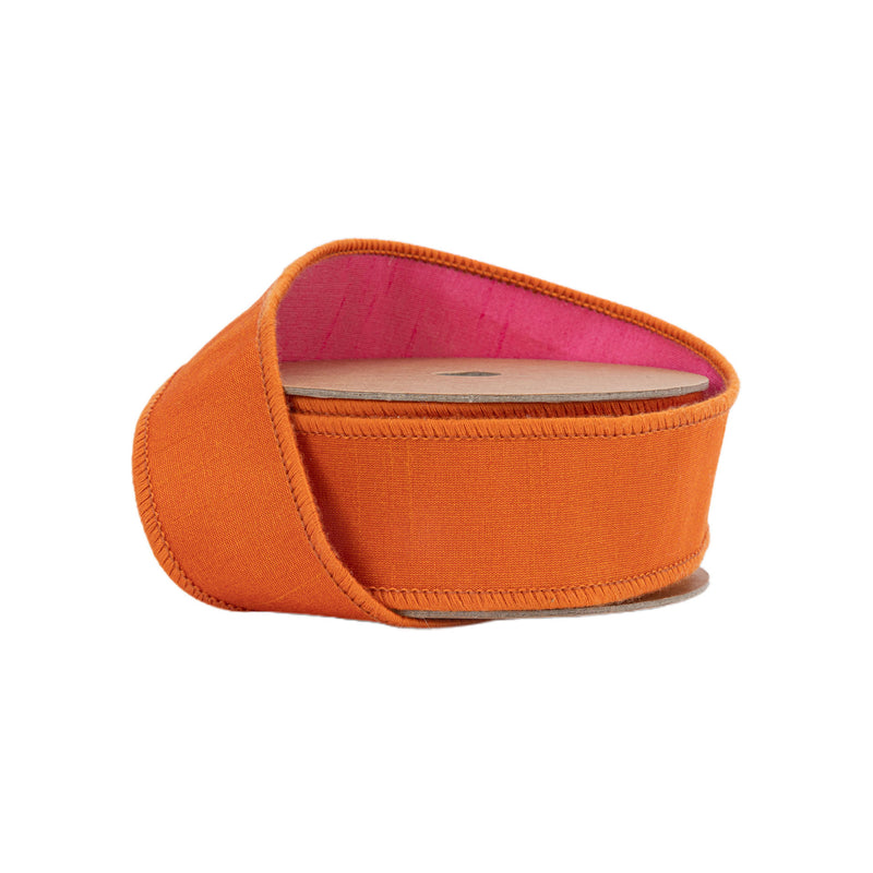 1 1/2" Wired Double-fused Dupioni Ribbon | Orange/Hot Pink | 10 Yard Roll