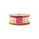 1 1/2" Wired Dupioni Ribbon | Yellow Checks w/ Hot Pink Backing | 10 Yard Roll