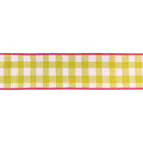 2 1/2" Wired Dupioni Ribbon | Yellow Checks w/ Hot Pink Backing | 10 Yard Roll