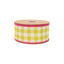 2 1/2" Wired Dupioni Ribbon | Yellow Checks w/ Hot Pink Backing | 10 Yard Roll