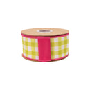2 1/2" Wired Dupioni Ribbon | Yellow Checks w/ Hot Pink Backing | 10 Yard Roll