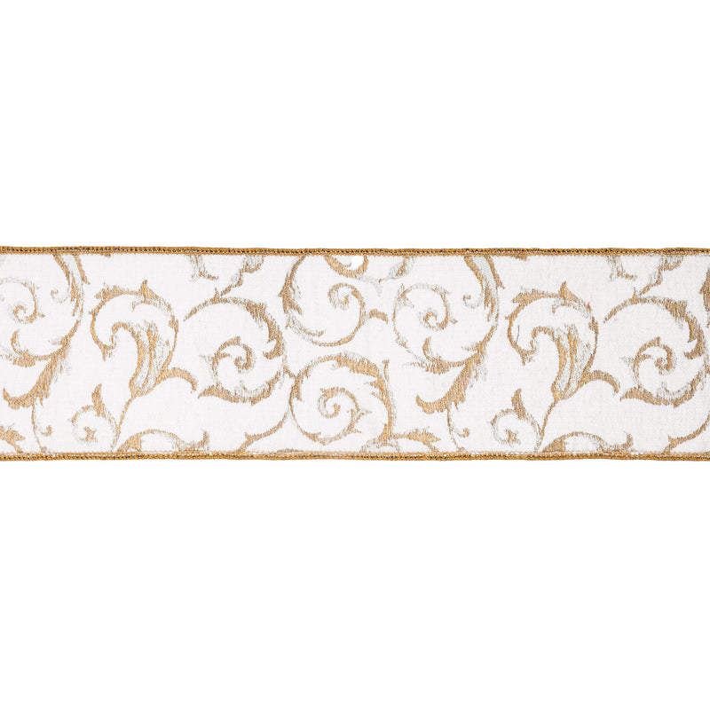 4" Wired Jacquard Ribbon | Metallic Scroll on Ivory w/ Gold Metallic Dupioni-fused Backing | 10 Yard Roll