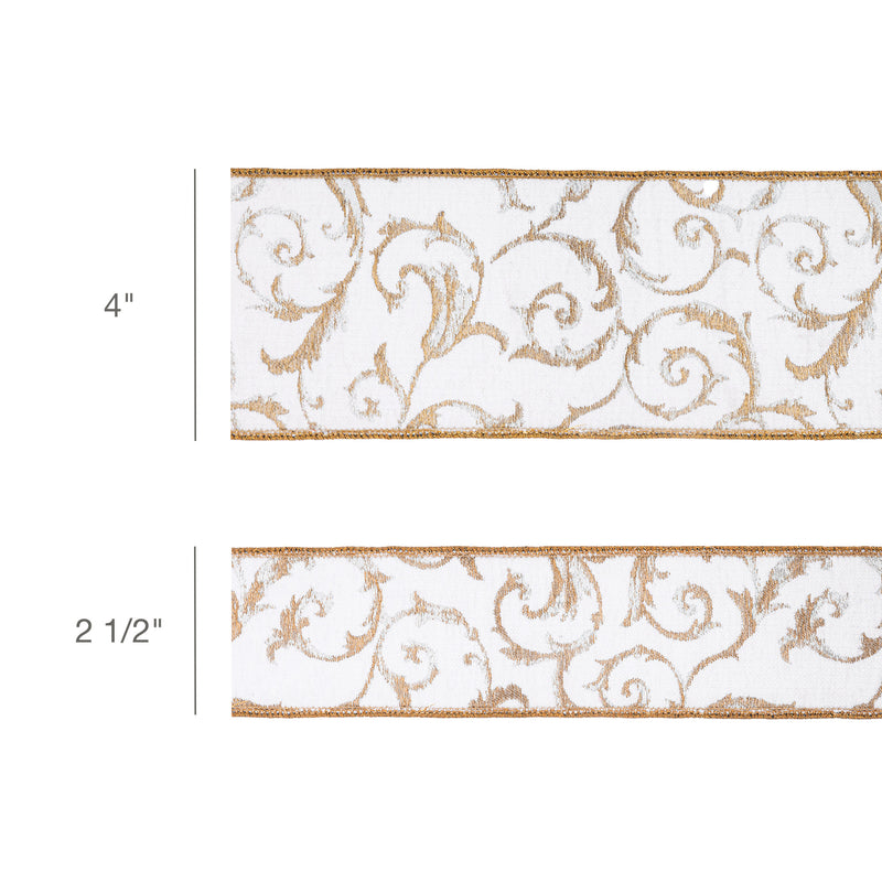 4" Wired Jacquard Ribbon | Metallic Scroll on Ivory w/ Gold Metallic Dupioni-fused Backing | 10 Yard Roll