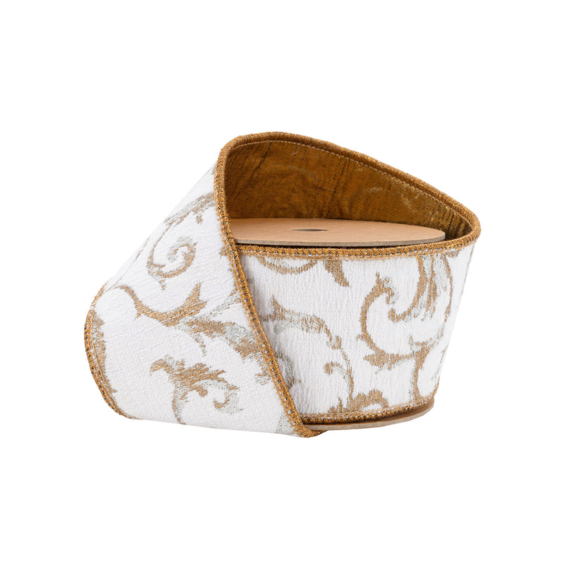 2 1/2" Wired Jacquard Ribbon | Metallic Scroll on Ivory w/ Gold Metallic Dupioni-fused Backing | 10 Yard Roll