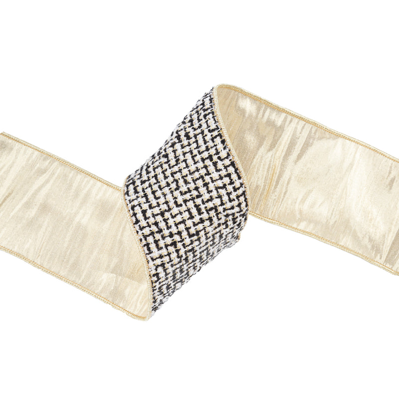 4" Wired Ribbon Black/Ivory/Gold Jacquard Tweed Gold Dupioni-fused Backing | 10 Yard Roll
