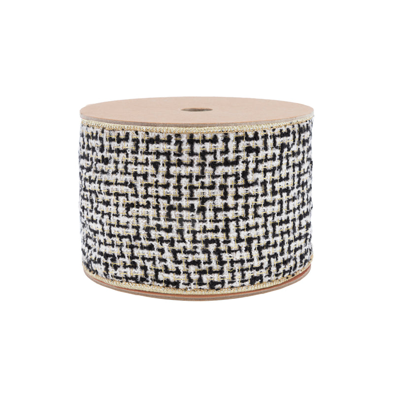 4" Wired Ribbon Black/Ivory/Gold Jacquard Tweed Gold Dupioni-fused Backing | 10 Yard Roll