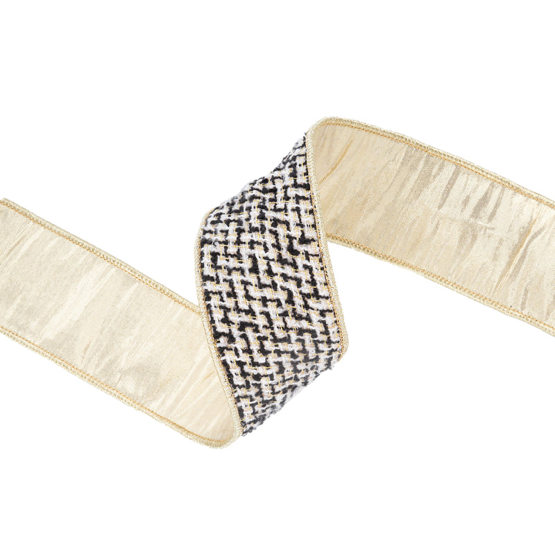 2 1/2" Wired Ribbon Black/Ivory/Gold Jacquard Tweed Gold Dupioni-fused Backing | 10 Yard Roll