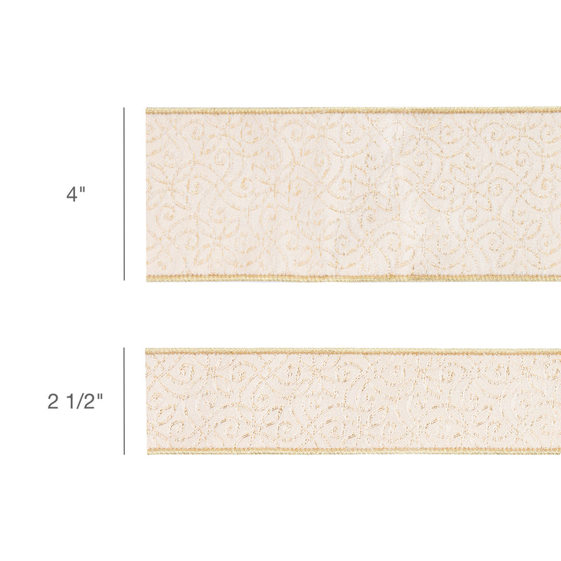4" Wired Jacquard Ribbon | Ivory/Gold w/ Gold Dupioni-fused Backing | 10 Yard Roll