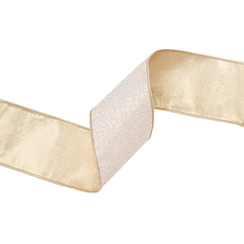 4" Wired Jacquard Ribbon | Ivory/Gold w/ Gold Dupioni-fused Backing | 10 Yard Roll