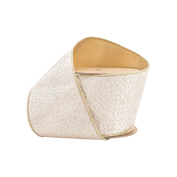 4" Wired Jacquard Ribbon | Ivory/Gold w/ Gold Dupioni-fused Backing | 10 Yard Roll