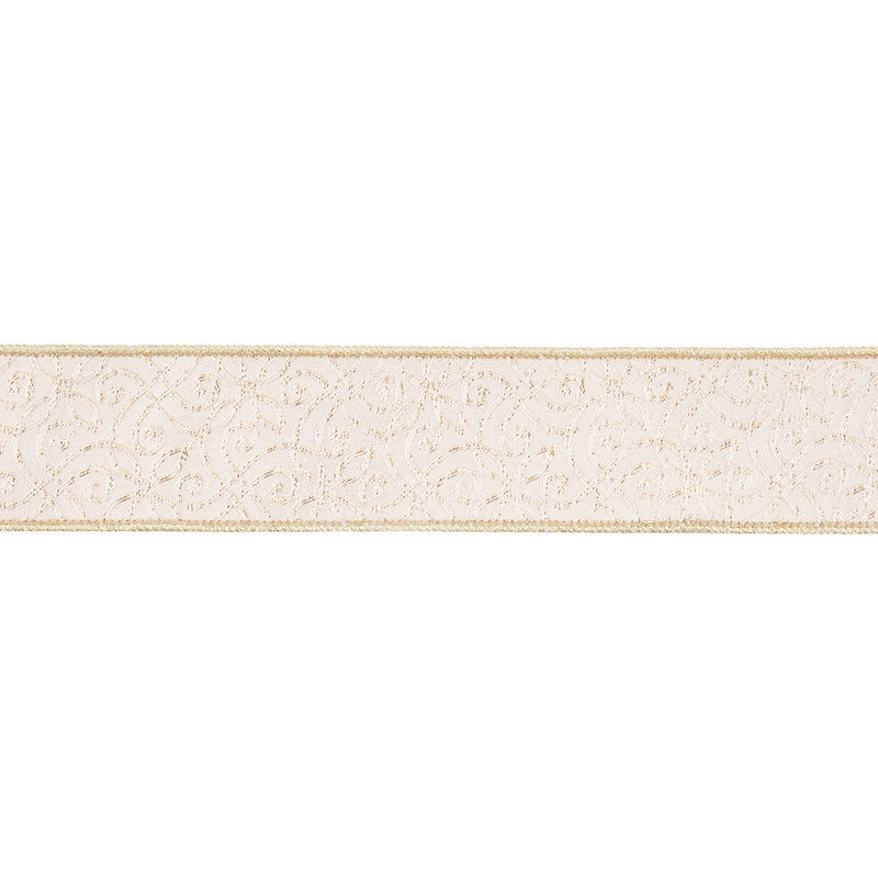 2 1/2" Wired Jacquard Ribbon | Ivory/Gold w/ Gold Dupioni-fused Backing | 10 Yard Roll