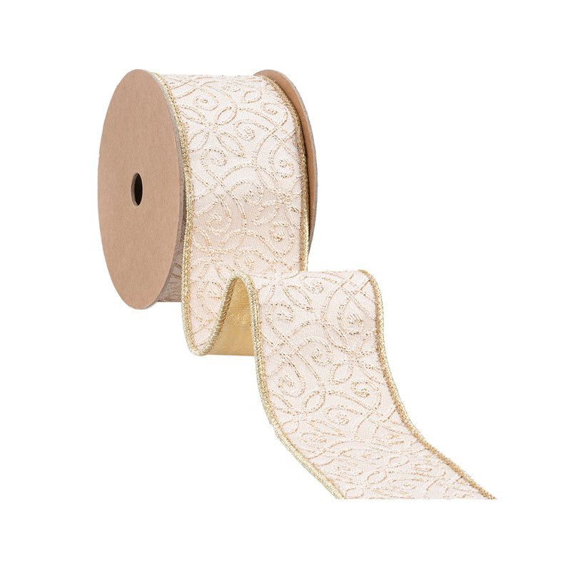 2 1/2" Wired Jacquard Ribbon | Ivory/Gold w/ Gold Dupioni-fused Backing | 10 Yard Roll