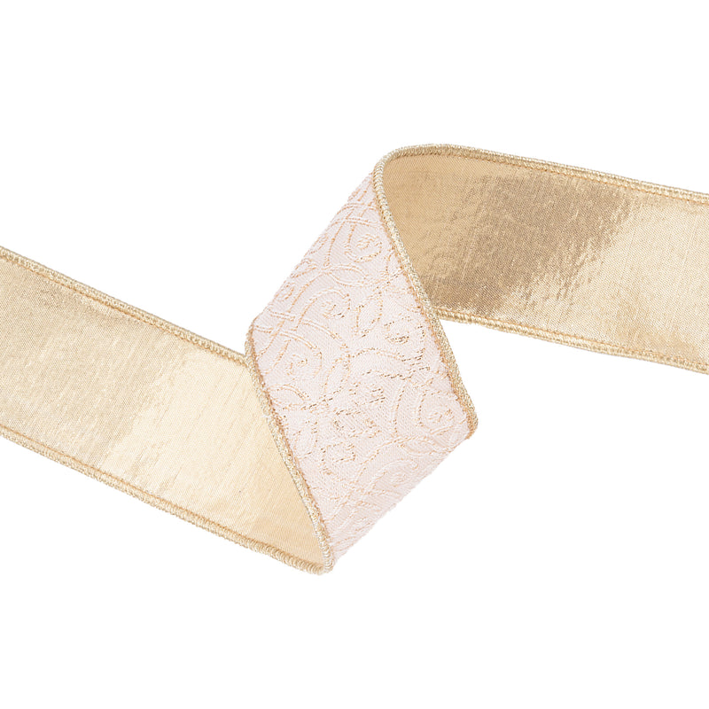 2 1/2" Wired Jacquard Ribbon | Ivory/Gold w/ Gold Dupioni-fused Backing | 10 Yard Roll