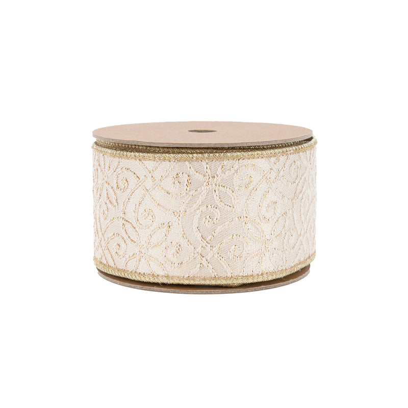 2 1/2" Wired Jacquard Ribbon | Ivory/Gold w/ Gold Dupioni-fused Backing | 10 Yard Roll