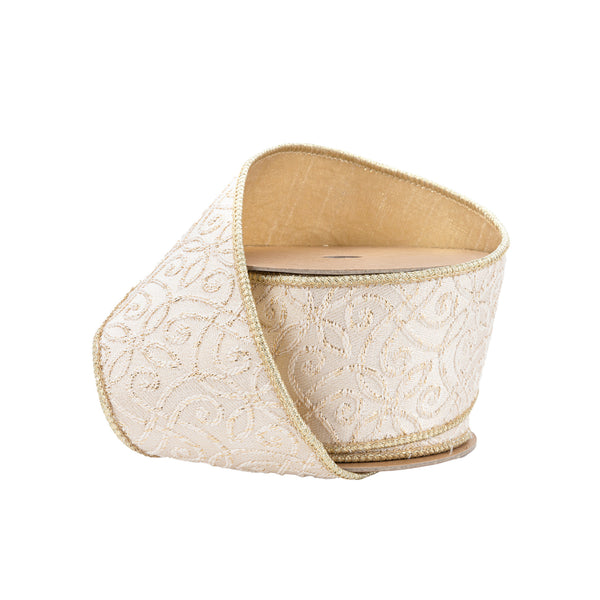 2 1/2" Wired Jacquard Ribbon | Ivory/Gold w/ Gold Dupioni-fused Backing | 10 Yard Roll