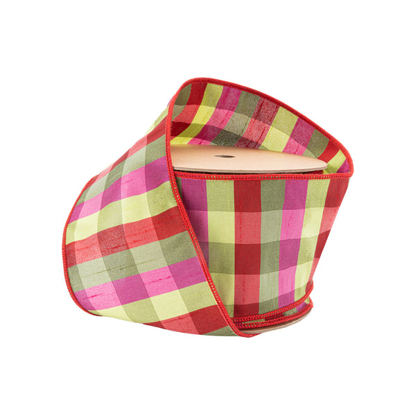 4" Wired Ribbon | Green/Pink/Red Check | 10 Yard Roll