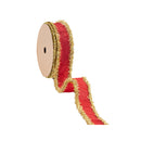 1" Wired Dupioni Ribbon | Red w/ Gold Tinsel Edging | 10 Yard Roll