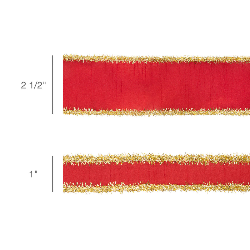 1" Wired Dupioni Ribbon | Red w/ Gold Tinsel Edging | 10 Yard Roll