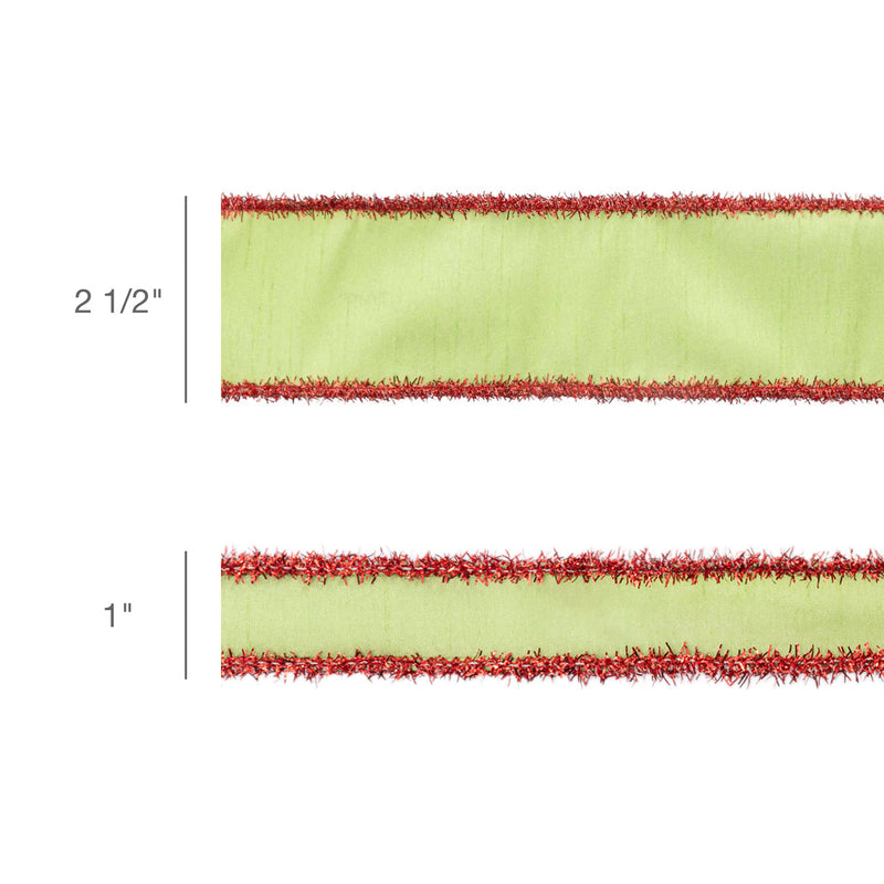 1" Wired Dupioni Ribbon | Green Apple w/ Red Tinsel Edging | 10 Yard Roll