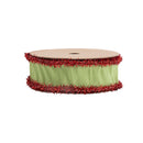1" Wired Dupioni Ribbon | Green Apple w/ Red Tinsel Edging | 10 Yard Roll
