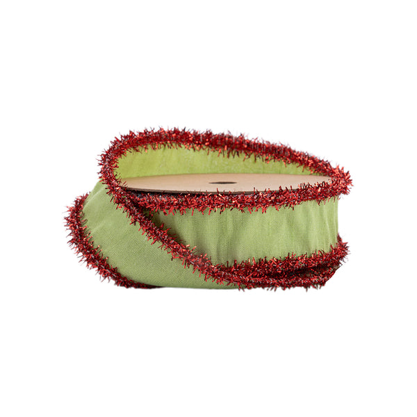 1" Wired Dupioni Ribbon | Green Apple w/ Red Tinsel Edging | 10 Yard Roll