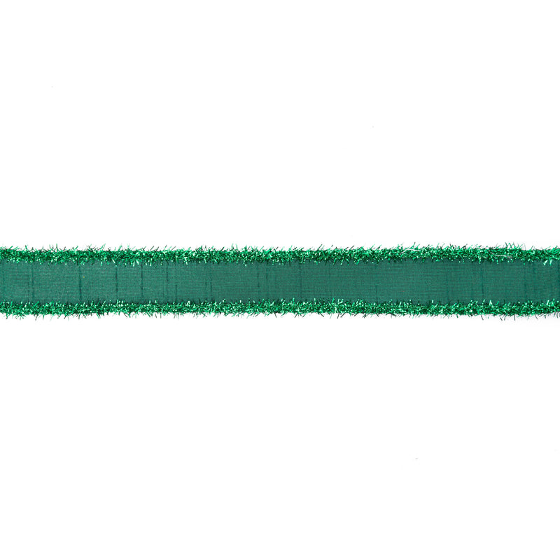 1" Wired Dupioni Ribbon | Dark Green w/ Dark Green Tinsel Edging | 10 Yard Roll