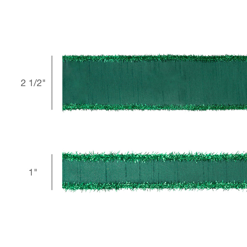1" Wired Dupioni Ribbon | Dark Green w/ Dark Green Tinsel Edging | 10 Yard Roll