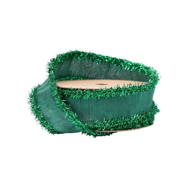 1" Wired Dupioni Ribbon | Dark Green w/ Dark Green Tinsel Edging | 10 Yard Roll