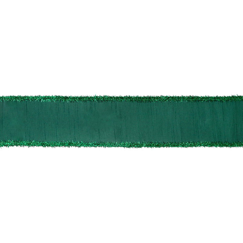 2 1/2" Wired Dupioni Ribbon | Dark Green w/ Dark Green Tinsel Edging | 10 Yard Roll