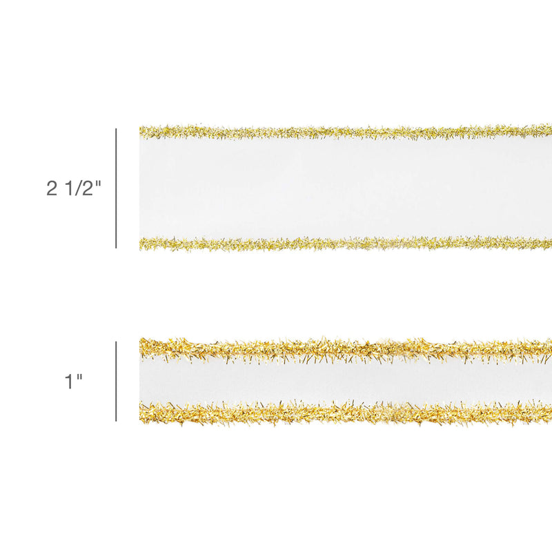 1" Wired Dupioni Ribbon | Ivory w/ Gold Tinsel Edging | 10 Yard Roll