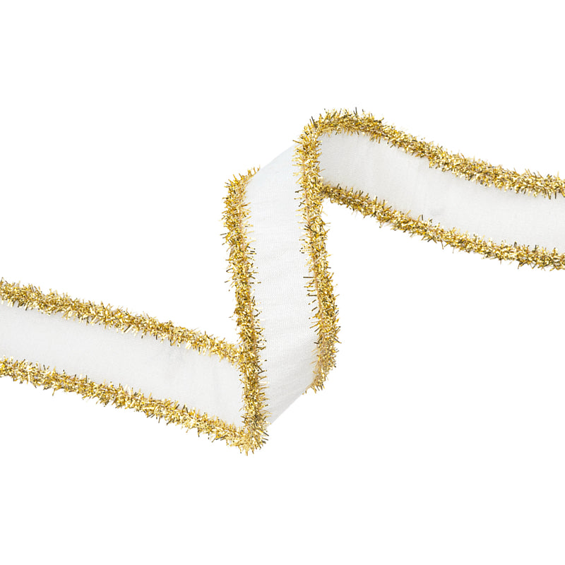 1" Wired Dupioni Ribbon | Ivory w/ Gold Tinsel Edging | 10 Yard Roll