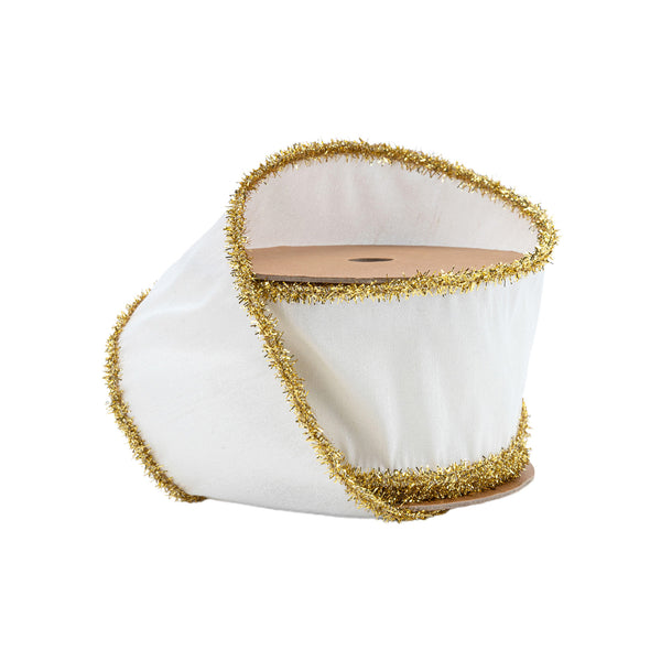 2 1/2" Wired Dupioni Ribbon | Ivory w/ Gold Tinsel Edging | 10 Yard Roll