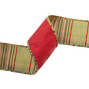 4" Wired Dupioni Ribbon | Red w/ Moss Plaid Piping and Backing | 10 Yard Roll