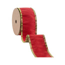 2 1/2" Wired Dupioni Ribbon | Red w/ Moss Plaid Piping and Backing | 10 Yard Roll