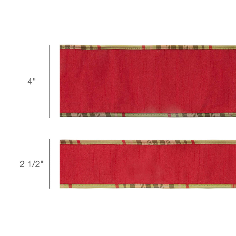2 1/2" Wired Dupioni Ribbon | Red w/ Moss Plaid Piping and Backing | 10 Yard Roll