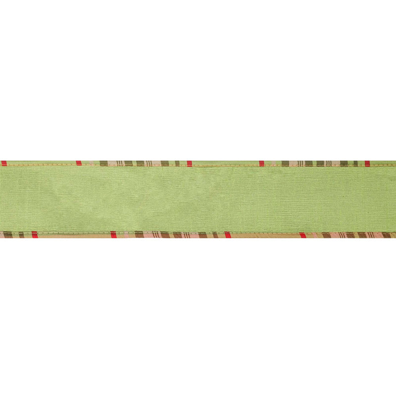 2 1/2" Wired Reversible Dupioni Ribbon | Moss w/ Moss Plaid Piping and Backing | 10 Yard Roll