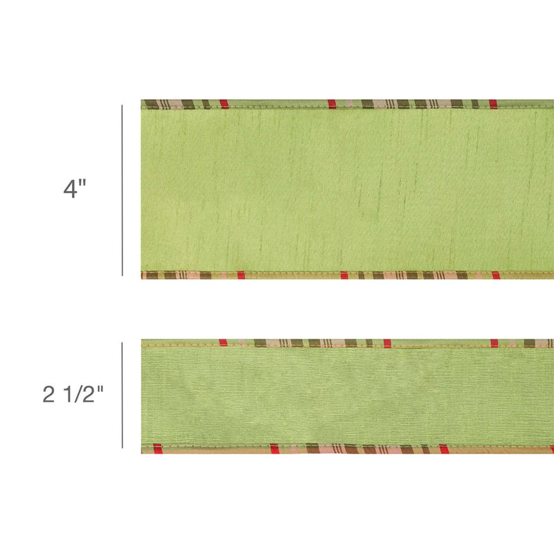 2 1/2" Wired Reversible Dupioni Ribbon | Moss w/ Moss Plaid Piping and Backing | 10 Yard Roll